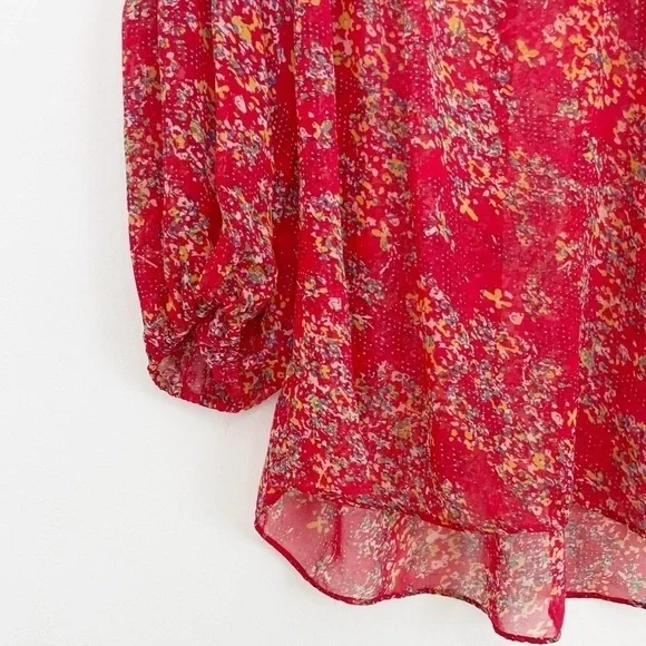 Anthropologie Pins & Needles Boho Red Floral Semi Sheer Long Sleeve Casual Top S - Picture 5 of 15